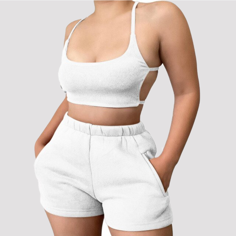Women Solid Sportswear Two Piece Sets Women 2021 Crop Top And Drawstring Shorts Matching Set Summer Athleisure Outfits - Image 2