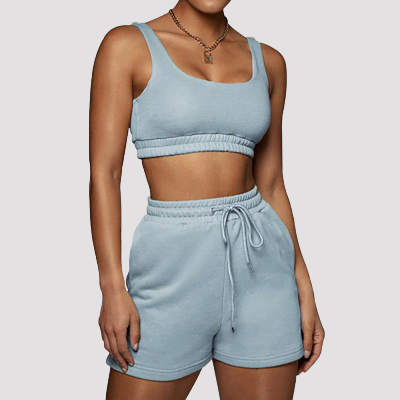 Women Solid Sportswear Two Piece Sets Women 2021 Crop Top And Drawstring Shorts Matching Set Summer Athleisure Outfits - Image 6